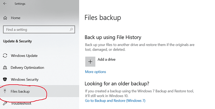 Screenshot of Windows OS setting backup page