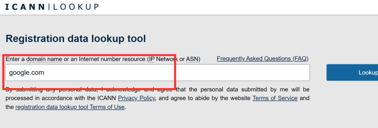 Screenshot of ICANN Lookup tool