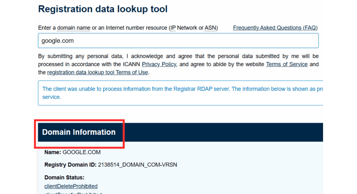 Screenshot of ICANN Lookup tool