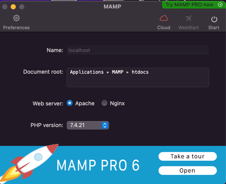 MAMP launch page MAMP launch page