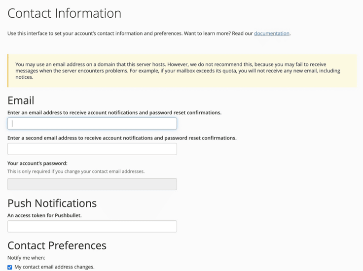 contact and notifications page