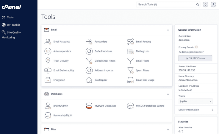 cpanel home dashboard 