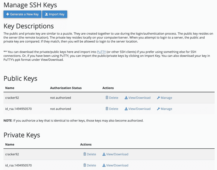 ssh keys management screen