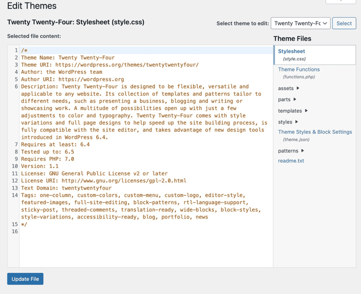 Theme stylesheet code
