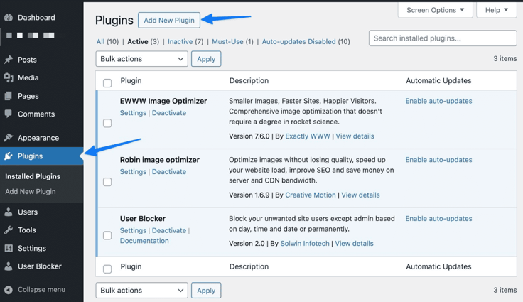 WordPress plugins page