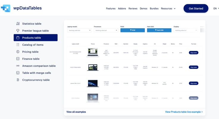 wpDataTables homepage screenshot
