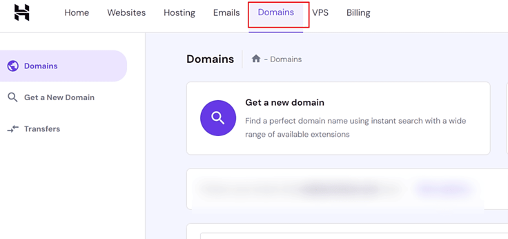 Screenshot of Hostinger dashboard with 'Domains' tab highlighted Screenshot of Hostinger dashboard with 'Domains' tab highlighted