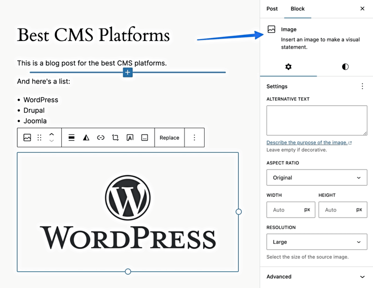 Screenshot of blog in WordPress editor with arrow pointing at 'Add image' Screenshot of blog in WordPress editor with arrow pointing at 'Add image'