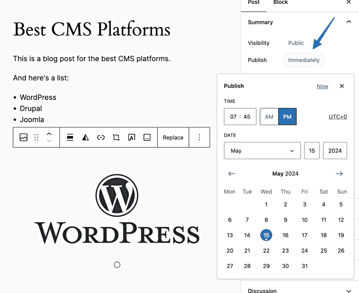 Screenshot of blog in WordPress editor with arrow pointing at 'Immediately' with dropdown calendar Screenshot of blog in WordPress editor with arrow pointing at 'Immediately' with dropdown calendar