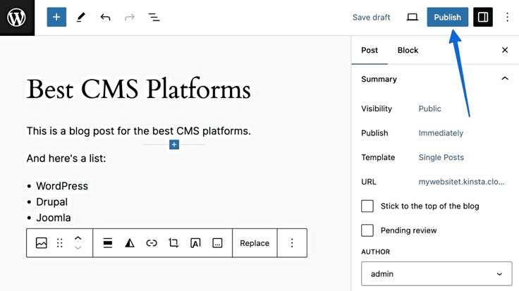 Screenshot of blog in WordPress editor with arrow pointing at 'Publish' Screenshot of blog in WordPress editor with arrow pointing at 'Publish'