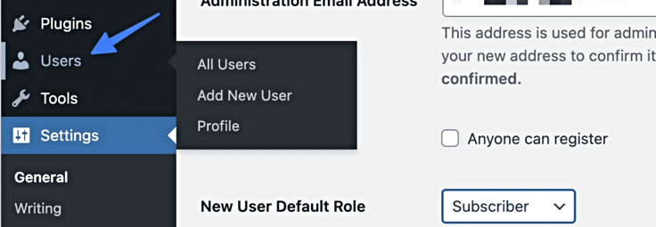 Screenshot of Users tab on WordPress menu Screenshot of Users tab on WordPress menu