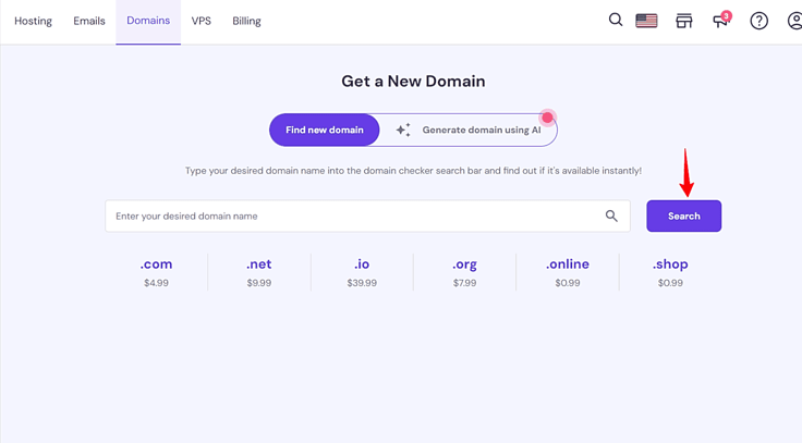 Screenshot of Hostinger's domain search tool