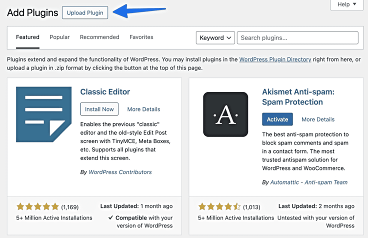 Screenshot of 'Upload Plugin' button within Plugins page Screenshot of 'Upload Plugin' button within Plugins page
