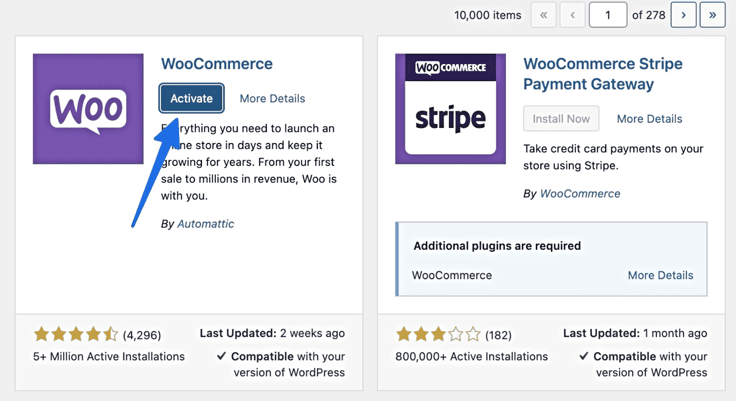 Screenshot of 'Activate' WooCommerce button highlighted Screenshot of 'Activate' WooCommerce button highlighted