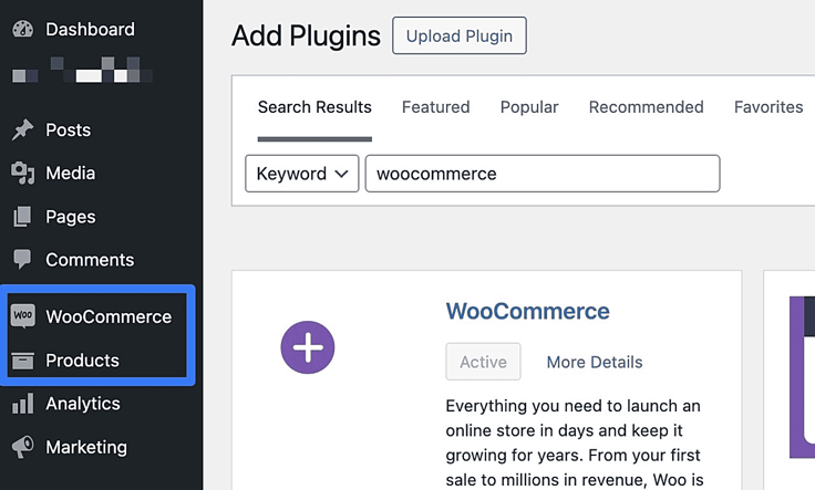 Screenshot of WooCommerce appearing on WordPress menu Screenshot of WooCommerce appearing on WordPress menu