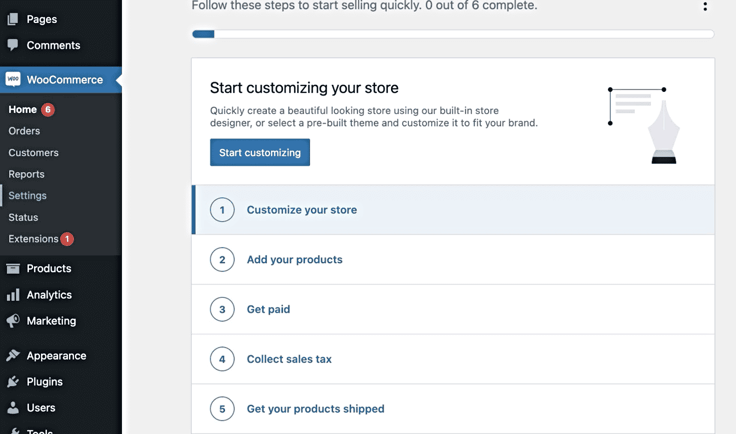 Screenshot of WooCommerce dashboard within WordPress Screenshot of WooCommerce dashboard within WordPress