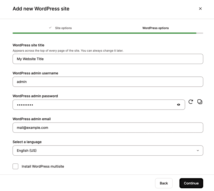 Screenshot of how to add a new WordPress site Screenshot of how to add a new WordPress site