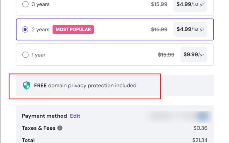 Screenshot of Hostinger's free domain privacy offer Screenshot of Hostinger's free domain privacy offer