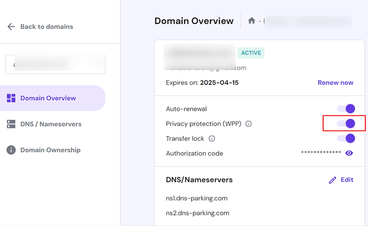 Screenshot of Hostinger's Domain Overview dashboard