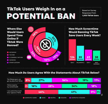 An infographic showing survey insights where TikTok users weigh in with their thoughts on a TikTok ban An infographic showing survey insights where TikTok users weigh in with their thoughts on a TikTok ban