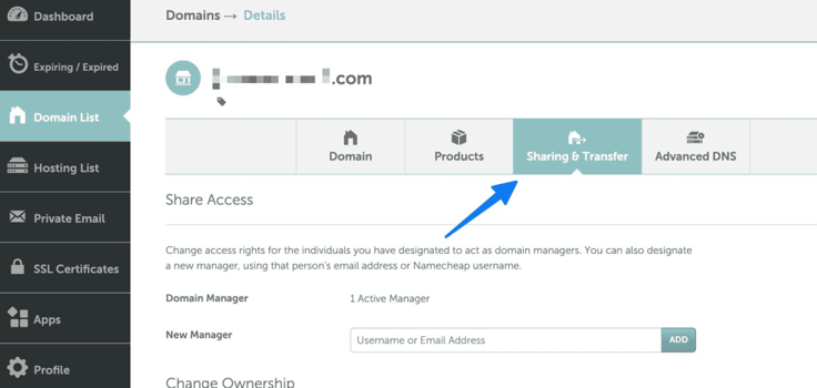 domain subsection of hosting dashboard