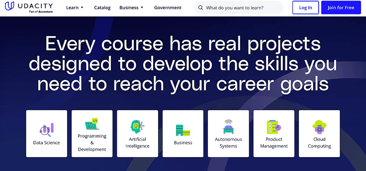 Screenshot of Udacity homepage displaying different course types, including data science and artificial intelligence