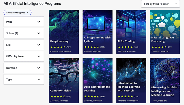 Screenshot of Artificial Intelligence Programs on Udacity's website with courses such as Introduction to Machine Learning with Pytorch