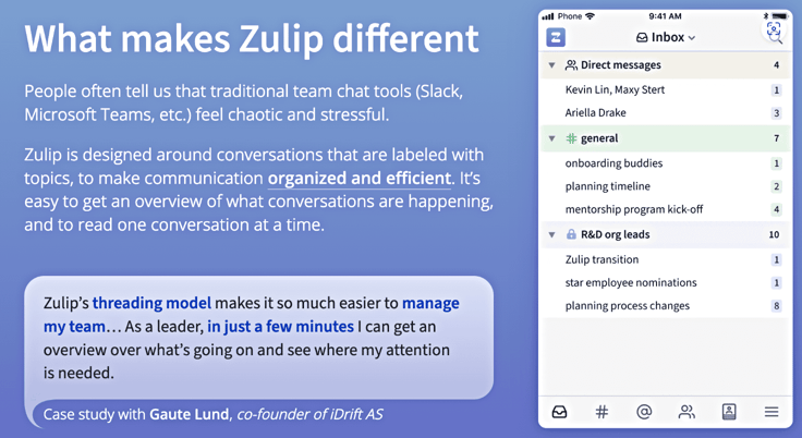 Screenshot of Zulip threading model and review from homepage