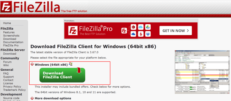 Screenshot of FileZilla download page