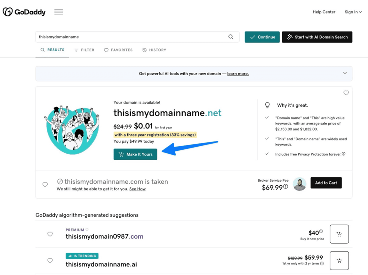 a screenshot of GoDaddy domain marketplace