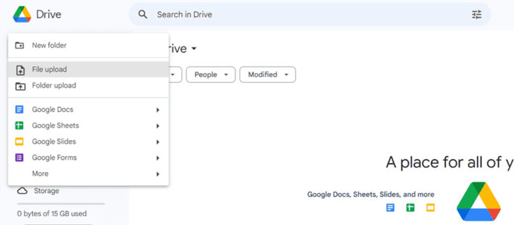 Screenshot of how to upload files in Google Drive