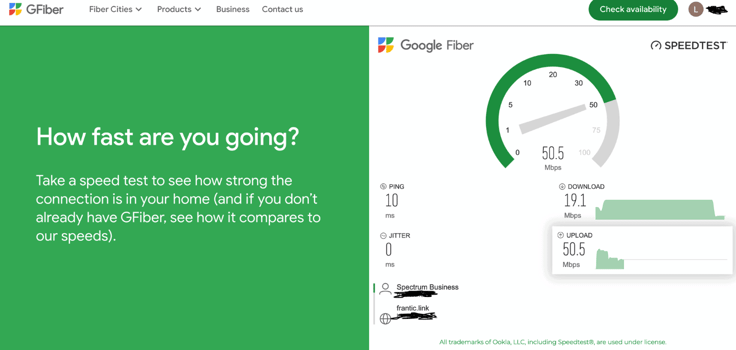 a screenshot of Google Fiber speed test