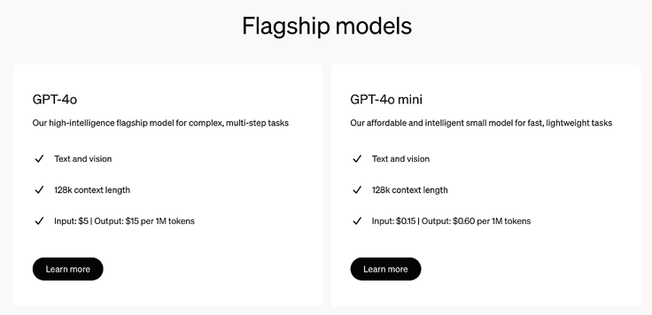 Screenshot of OpenAI API flagship models GPT-4o and GPT-4o mini