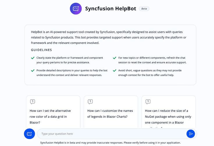 Screenshot of Syncfusion HelpBot landing page Screenshot of Syncfusion HelpBot landing page