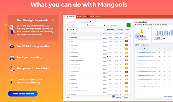 Screenshot of Mangools' features