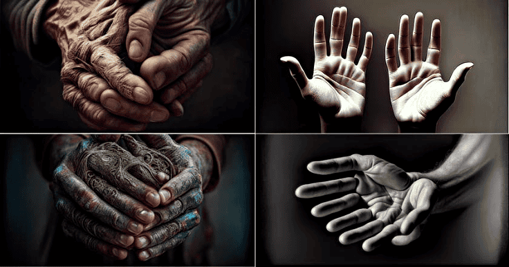 Collection of four images displaying AI-generated hand with an unusual number of fingers