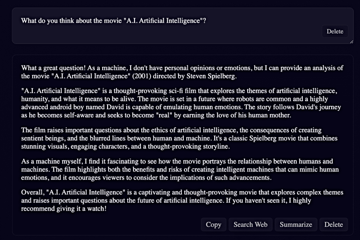Screenshot of DeepAI chat talking about "A.I. Artificial Intelligence" movie Screenshot of DeepAI chat talking about "A.I. Artificial Intelligence" movie
