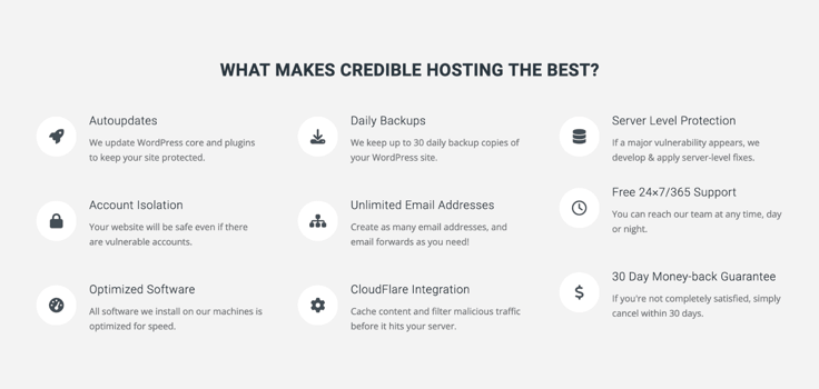a screenshot of Credible Hosting features a screenshot of Credible Hosting features
