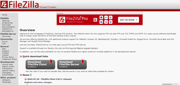 FileZilla download page FileZilla download page