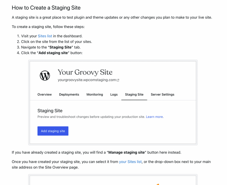 Screenshot of WordPress.com's tutorial for cloning your staging environment