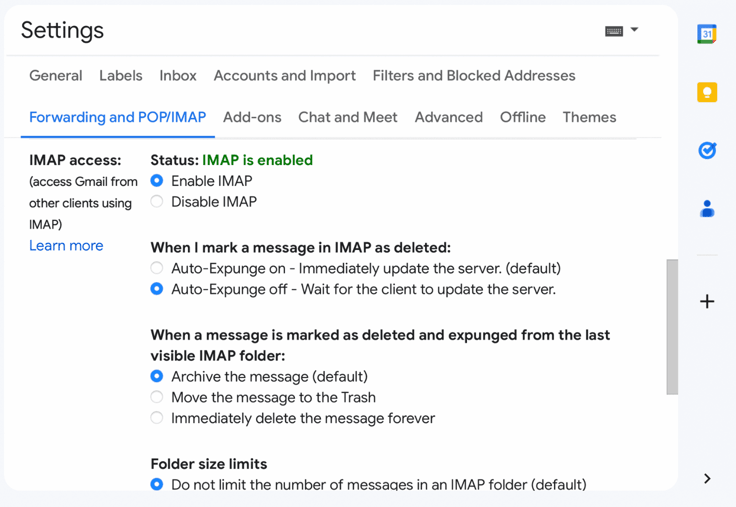 Screenshot of the IMAP settings in Gmail