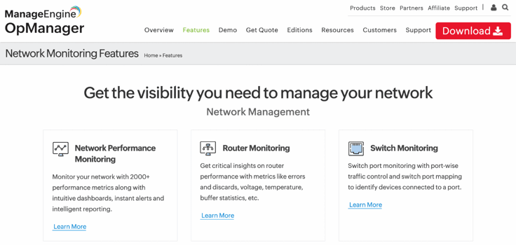 Screenshot of OpManager website