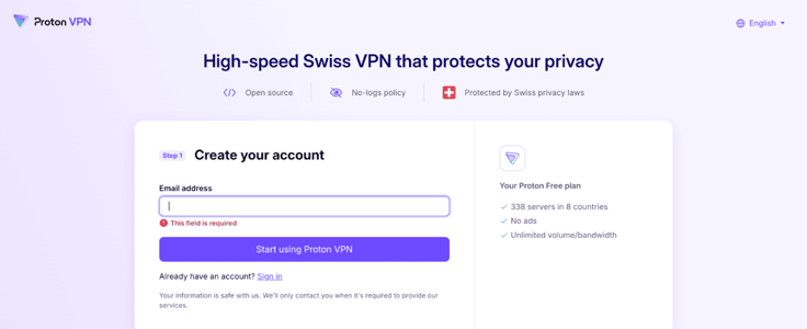 Screenshot of Proton VPN signup page
