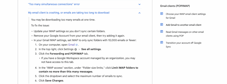 Screenshot of Google synchronization troubleshooting guide