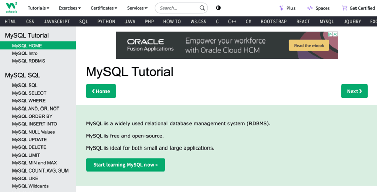 W3Schools MySQL screenshot