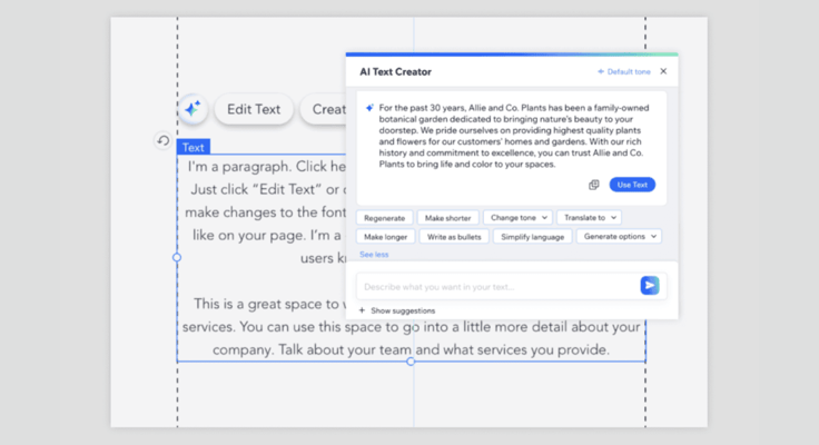 Sample of Wix's AI text creator 