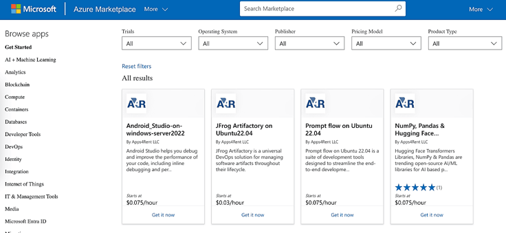 Screenshot of a few Apps4Rent apps on the Azure Marketplace Screenshot of a few Apps4Rent apps on the Azure Marketplace