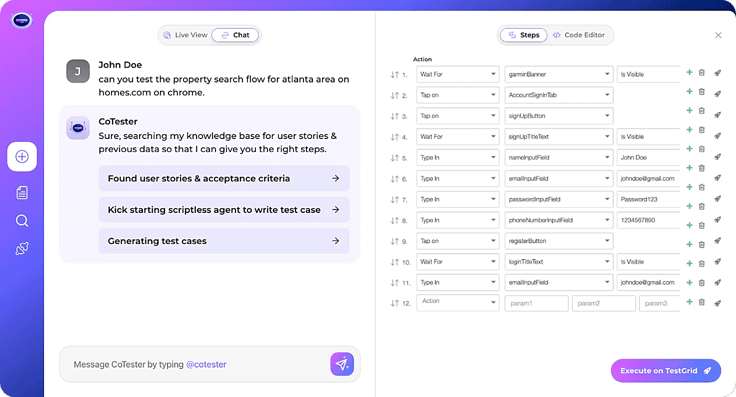 Screenshot of TestGrid.io's CoTester