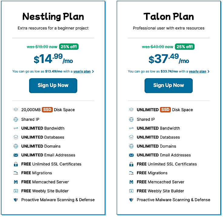 Screenshot of Hawk Host's semi-dedicated plans