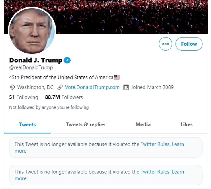 Screenshot of Donald Trump's removed Tweets